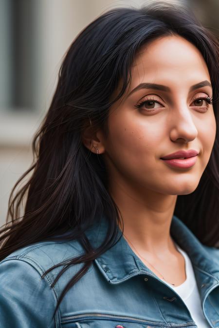 (photo of Nor4F4t3h101:0.99), blurry, depth of field, blurry background, photo \(medium\), 1girl, solo, blurry foreground, realistic, teeth, denim jacket, photorealistic, smile, motion blur, looking at viewer, denim, photo background, upper body, best quality raw photo, shot on Nikon D850, 16k, sharp focus, masterpiece, Hyper Detailed, breathtaking, atmospheric perspective, diffusion, pore correlation, skin imperfections, DSLR, 80mm Sigma f2, depth of field, film grain, (detailed face:1.1), skin pores, 8k, skin texture, dslr,, detailed skin texture, (blush:0.5), (goosebumps:0.5), subsurface scattering