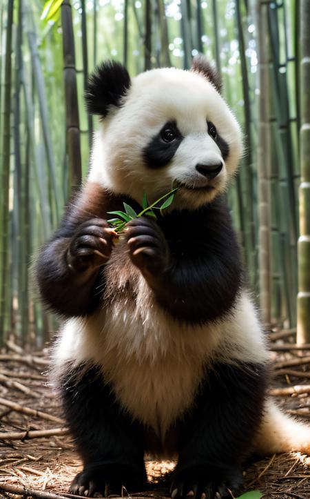 cinematic film still (top-quality, 8K, masterpiece:1.3) A photo of round, baby panda, munching on bamboo, wearing a little hat, in a bamboo forest, taken with a telephoto lens, highly detailed, detailed fur, dappled sunlight
 <lora:epi_noiseoffset2:1> . shallow depth of field, vignette, highly detailed, high budget, bokeh, cinemascope, moody, epic, gorgeous, film grain, grainy