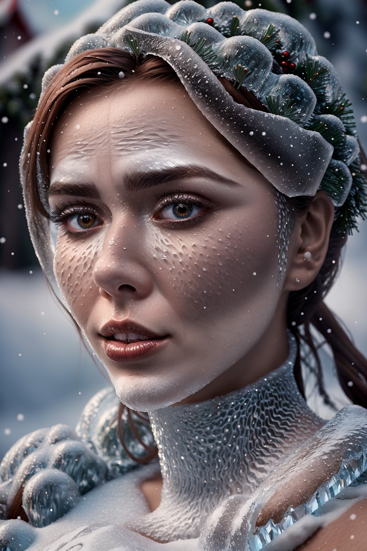 <lora:Xmas3:0.7> Xmas woman, ice covered with icicles, sparkling christmas, fantasy, cinematic