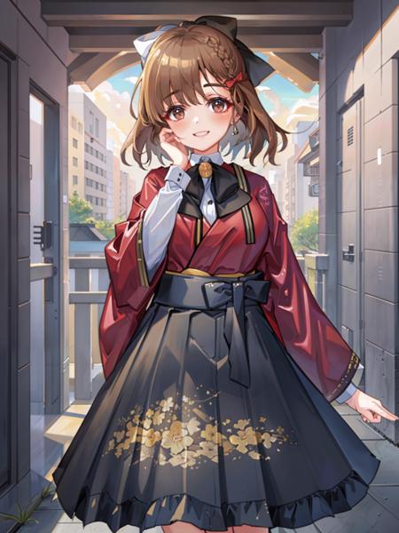 asahi \(kancolle\), 1girl, solo, skirt, shirt, long sleeves, japanese clothes, smile, bow, floral print, black skirt, white shirt, looking at viewer, wide sleeves, hand on own face, large breasts, breasts, side braid, cowboy shot, hakama, ribbon, white bow, pleated skirt, hakama skirt, kimono, red jacket, hand on own cheek, original, intricate detail, illustration, masterpiece, extremely detailed CG unity 8k wallpaper, highlight, sharpening, dynamic, <lora:Asahi:0.8>