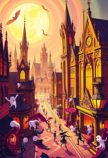 A hyper-stylized anime Halloween Town, blending the opulent, geometric patterns of Art Deco with the bold, vibrant colors of Pop art. The town, a sprawling, fantastical metropolis with towering, gothic spires and ornate, Art Deco-inspired architecture, is bathed in a warm, golden light. The buildings and streets are adorned with intricate, geometric patterns and bold, poppy colors, creating a sense of vibrant, eye-popping energy. Ghosts, goblins, and other Halloween creatures dance and play in the streets, their forms rendered in bold, graphic lines and bright, poppy colors. The background is a swirling, geometric landscape of chevrons, zigzags, and other Art Deco motifs, all rendered in bold, poppy colors. The overall effect is one of vibrant, eye-popping energy, as if the viewer is gazing into a kaleidoscope of colors and patterns. highest-Quality, intricate details, visually stunning, Masterpiece
