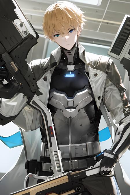 masterpiece, best quality, 1boy, blonde_hair, blue_eyes, breasts, gun, holding, jacket, short_hair, simple_background, solo, upper_body, weapon,