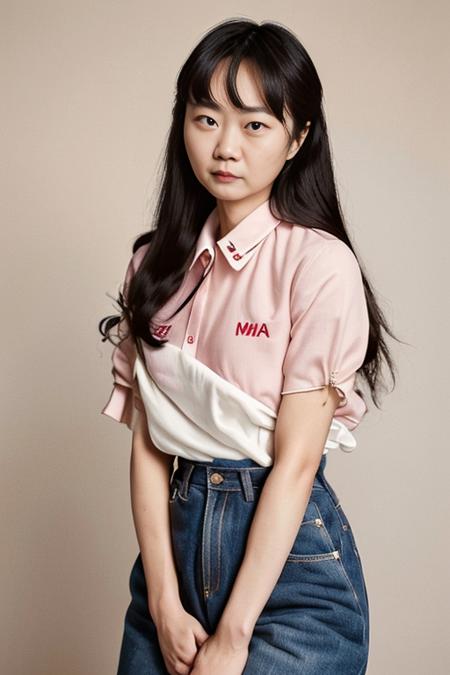 (old color photo) (portrait) of (baedoona-4000) woman, age 40, pastel colors, (long hair), red lips, looking at camera, modelshoot style, analog style, 35mm, dramatic light