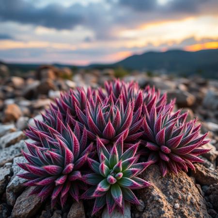 a very detailed close picture of a multiple Sempervivum tectorum plants, dinamic view, sunset light angle, on the rocks