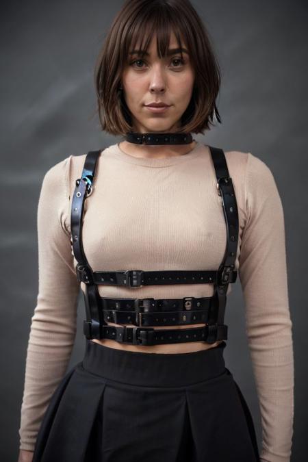 <lora:Underbust_Harness_SD15:1> und3rbust, harness, [j3nn1f3r8ti4a|woman], breasts esposed, face, bobcut hair, dimly lit nightclub, male attention