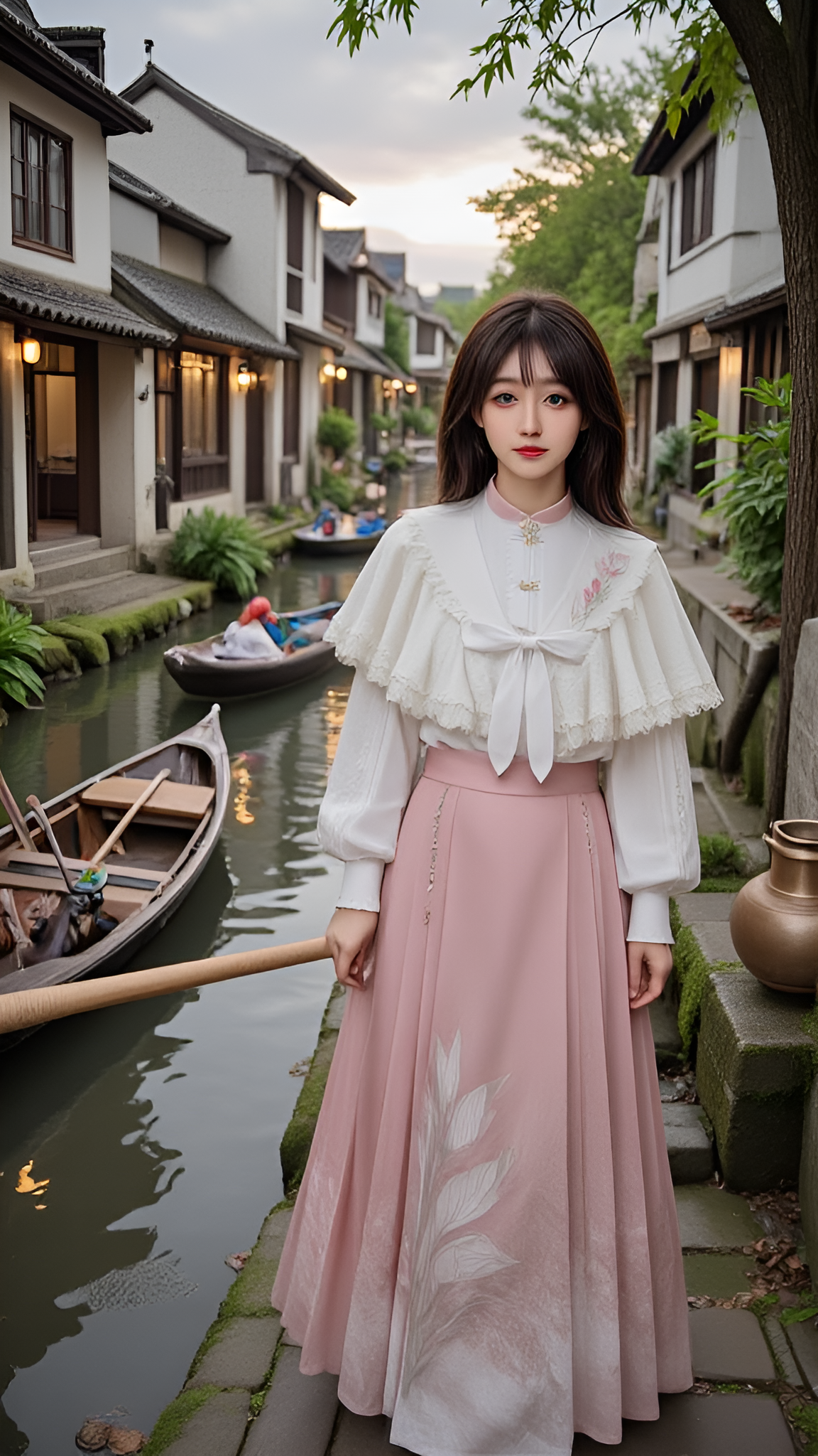 a_realistic_photo_of_a_beautiful_woman_in_cyb_chnstyle_attire__include_shirt_and_skirt_and_capelet__the_background_is_a_serpentine_canal_at_daybreak__its_glassy_surface_fractured_by_wood_679921809.png