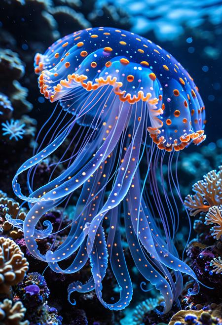 "A vibrant school of tropical fish gliding through a mystical coral reef, their iridescent scales shimmering with an ethereal glow. The reef pulses with an otherworldly energy, its corals radiating soft bioluminescent hues of deep blues, purples, and fiery oranges. Wisps of glowing mist drift through the water like spiritual currents, while sacred energy lines subtly weave through the coral formations, connecting the fish to the mystical oceanic realm. Shafts of enchanted light pierce the depths, illuminating the swirling currents with a dreamlike luminescence. Ethereal jellyfish float nearby, their tendrils glowing softly like celestial spirits of the sea. A mesmerizing fusion of natural beauty and esoteric energy, evoking a sense of divine serenity beneath the waves