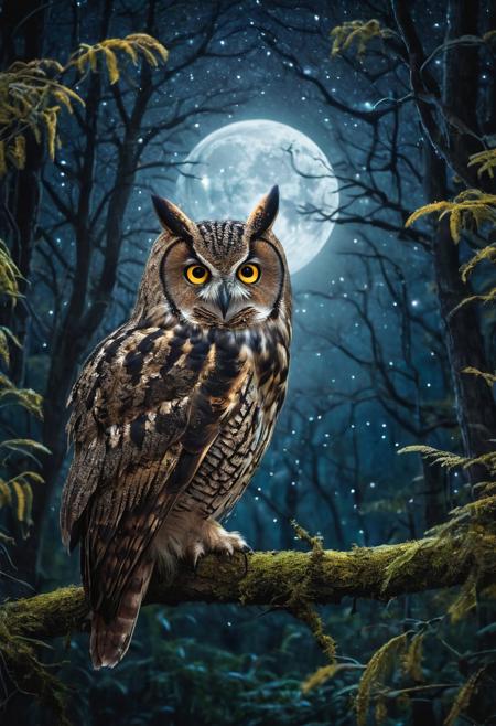 nocturnal animals, forest at night, glowing fireflies, full moon, starry sky, owl on a branch, magical atmosphere, soft moonlight, intricate textures, ethereal glow, dense forest shadows, painterly strokes, immersive night scene, enchanting and mystical, wildlife at night, natural wonder, cinematic ambiance.