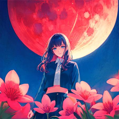 Samia, girl, solo, shirt, looking at you, face,midriff, perfect, flowers, high quality, moon kiss, radiant, moon, red moon, galant