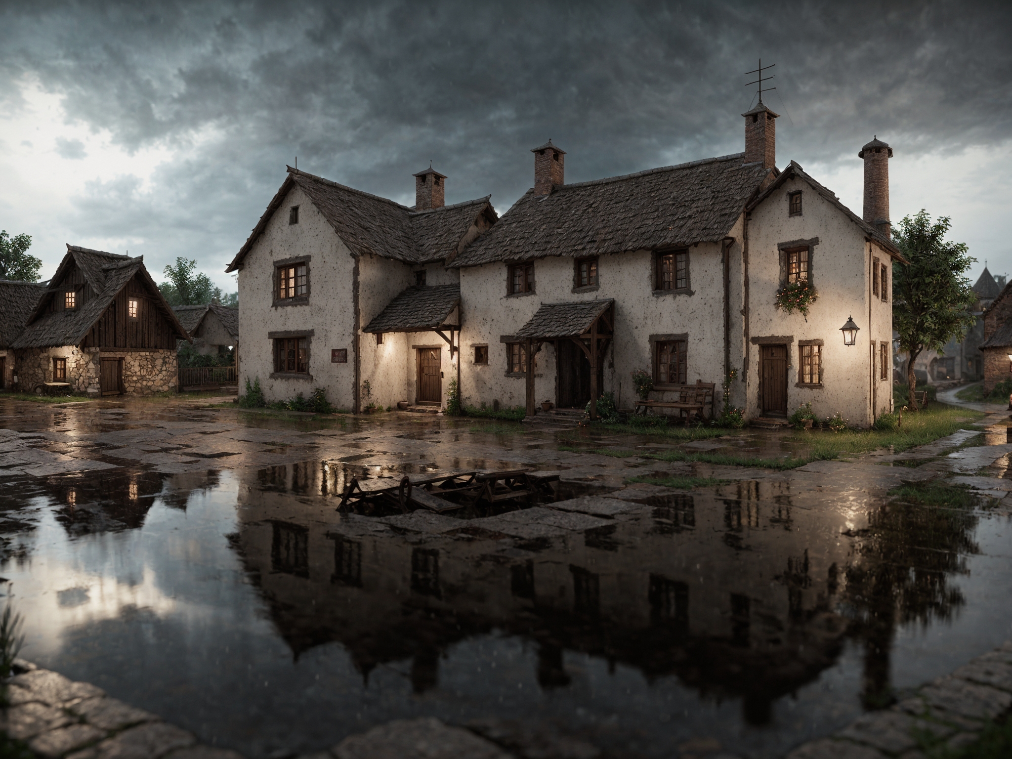 medieval, octane render, unreal engine, render of old village, rainy weather, dirt, reflections, dramatic lighting