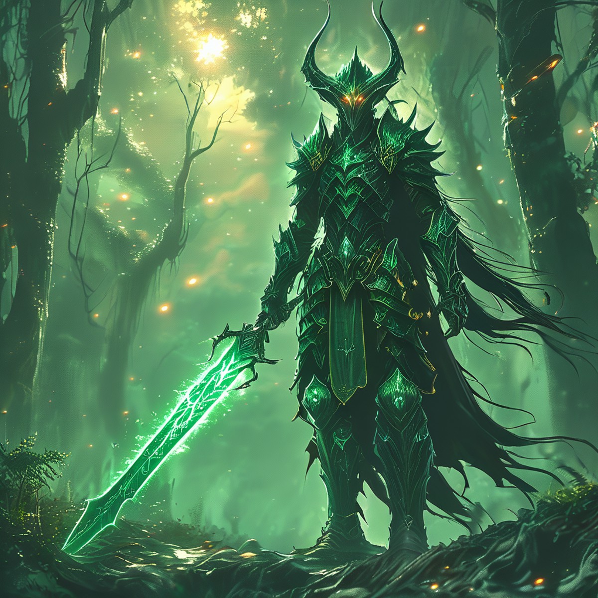 a cinematic shot of a fantasy forest elf, wearing armor, holding a glowing sword with bot hands, hkstyle, green glowing ma...