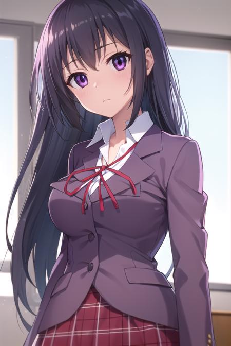 chizuruakaba, <lora:chizuru akaba s2-lora-nochekaiser:1>,
chizuru akaba, long hair, black hair, (purple eyes:1.1),
BREAK skirt, school uniform, plaid, plaid skirt, shirt, white shirt, collared shirt, jacket, long sleeves, black jacket,
BREAK indoors, classroom,
BREAK looking at viewer, (cowboy shot:1.5),
BREAK <lyco:GoodHands-beta2:1>, (masterpiece:1.2), best quality, high resolution, unity 8k wallpaper, (illustration:0.8), (beautiful detailed eyes:1.6), extremely detailed face, perfect lighting, extremely detailed CG, (perfect hands, perfect anatomy),