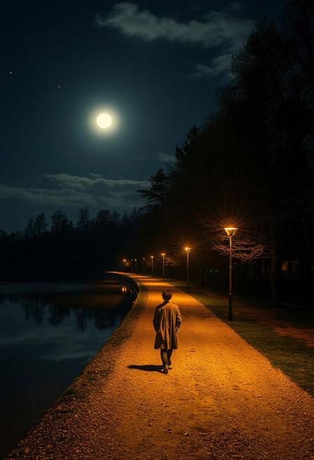 serene lakeside path at midnight, bathed in soft moonlight. Tall trees line the edge of the still water, their reflections perfectly mirrored on the glassy surface. Fireflies flicker gently in the air, and a faint mist drifts along the ground. The only sound is the distant ripple of water and the crunch of footsteps on gravel. A lone figure walks slowly, wrapped in a long coat, hands in pockets, lost in thought. The sky above is filled with stars and faint moving clouds. Street lamps along the path glow with a golden, dreamlike haze. The atmosphere is peaceful, cinematic, and deeply introspective. Style: ultra-realistic 4K photography with dreamy lighting and shallow depth of field