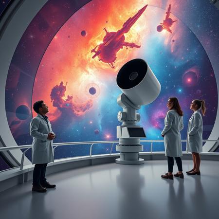 Futuristic space observatory, large curved window on the left revealing a breathtaking cosmic vista. Colorful nebulae, stars, and galaxies visible. A massive telescope dominates the center, angled towards the spectacular view.
Side view perspective: One university student in a white lab coat leans forward, eye to the telescope's eyepiece. Two more students stand slightly behind, also in lab coats, watching their peer and the cosmic display. All three students are in profile, facing left.
Sleek, modern interior with curved floor matching the window's arc. Soft lighting contrasts with the vivid space scene outside.
The composition emphasizes the scale of the observatory, the students' engagement, and the grandeur of space. Students appear diverse, suggesting varied backgrounds.