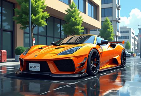 a highly detailed, digital anime illustration featuring a sleek, orange sports car parked on a wet, reflective road. The car is a modern, high-performance model, with a low, aerodynamic body and aggressive styling. It has a matte black front bumper with a carbon fiber texture, blacked-out wheels with orange accents, and a prominent rear spoiler. The car's windshield wipers are down, indicating recent rain. The background shows a modern urban street with large glass windows and greenery. The building has a contemporary design with large, rectangular windows and a mix of beige and gray tones. The sky is clear with a few white clouds, and the scene is bathed in natural light, enhancing the vibrant colors of the car and the green foliage. The car's license plate reads "EDGARCE," and there are various signs and street markings visible, adding to the realistic urban setting. The wet road reflects the car and the surroundings, creating a glossy, mirror-like surface. The overall style of the artwork is hyper-realistic with a focus on the car's sleek design and the detailed urban environment, emphasizing modern luxury and automotive aesthetics.