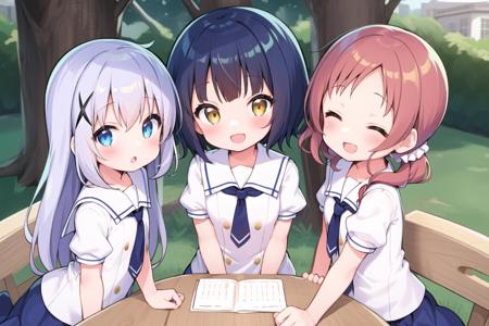 3girls,  <lora:ChiMaMe512-000014:1>, white school uniform, short sleeves, side-by-side, sitting, outdoors, upper body, 
AND 3girls, chino, long hair, :o, white school uniform, short sleeves, side-by-side, sitting, outdoors, upper body, 
AND  3girls, maya, yellow eyes, :D, white school uniform, short sleeves, side-by-side, short hair, sitting, outdoors, upper body, 
AND 3girls, megu, :D, white school uniform, short sleeves, side-by-side, low twintails, short hair, closed eyes, sitting, outdoors, upper body,