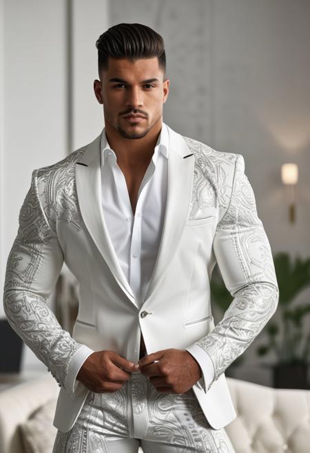 a strong 22-year-old brazillian hunk bodybuilder male, with a fringe up undercut hairstyle, detailed face, mindless expression,  wearing a white suit with silver patterns, wearing pants,  on a modern living room, standing at attention pose, looking at viewer, portrait, photography, detailed skin, realistic, photo-realistic, 8k, highly detailed, full length frame, High detail RAW color art, diffused soft lighting, shallow depth of field, sharp focus, hyperrealism, cinematic lighting