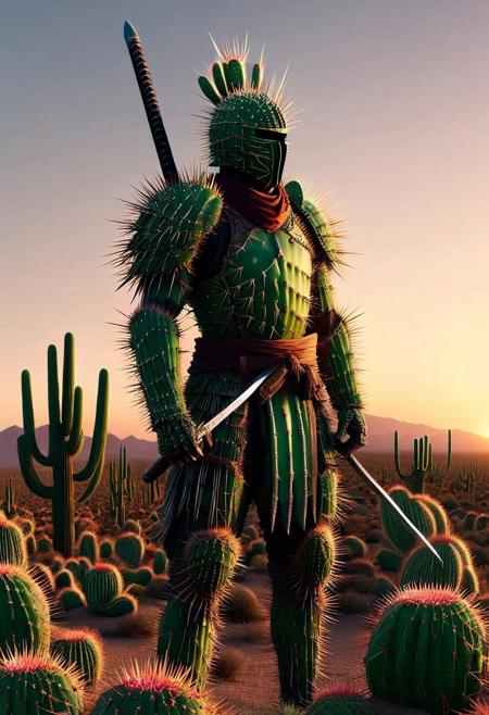 A lone samurai standing in the desert, wearing an armor set made of interwoven cactus spines, a thorn-covered katana glowing under the sunset, wind blowing through a field of neon succulents, ancient desert pagoda in the background, cinematic warrior aesthetic