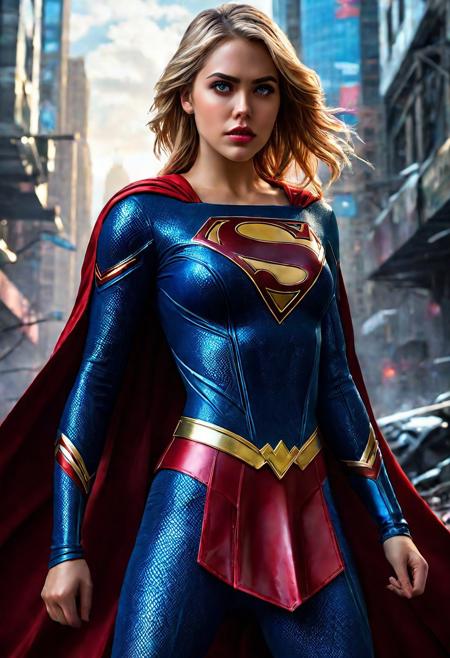 High resolution ultra-realistic of Beautiful bloody Supergirl fighting against alien invasion, cinematic style, standing on a bloody and stormy battle in a destroyed city in a fighting pose, bloody and dirty, realistic blue combat costume, red mini skirt, red cape, perfect athletic figure, wavy blonde hair, handsome bloody face, beautiful perfect detailed pupils, wet oily shiny skin, covered in dirty and blood, beautiful firm Breasts, defiant and seductive, attractive 21 year old Supergirl, 8k resolution concept art portrait by Greg Rutkowski, Kiernan Shipka, Dark Gotham City, Artgerm, WLOP, Alphonse Mucha, dynamic lighting, hyperdetailed, intricately detailed, Splash art trending on Artstation triadic colors, Unreal Engine, 5 volumetric lighting, Cinematic Lighting, intricate, smooth, sharp focus digital painting, Asymmetrical Balance, realistic eyes, ultra detailed atmospheric details, sparkle effects, realistic body proportions, beautiful body Supergirl proportions, complex masterpiece, dramatic atmosphere