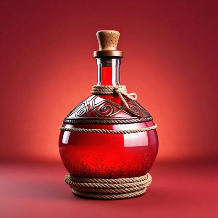 POV, frontal light, Hyper-realistic, detailed, tribal design, flat texture, game item, fantasy style, red-colored magic potion in rude glass bottle, magic fog and sparks inside bottle, covered with rope, centered, side view, diffuse texture, simple colored background