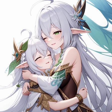 nahida \(genshin impact\),rukkhadevata \\\(genshin impact\\\),nahida \(genshin impact\),long hair,multiple girls,2girls,white hair,dress,white dress,hug,pointy ears,green eyes,hair ornament,detached sleeves,bracelet,hair between eyes,bangs,side ponytail,jewelry,smile,gradient hair,braid,closed eyes,multicolored hair,leaf hair ornament,tattoo,symbol-shaped pupils,single braid,long sleeves,crying,female child,strapless,bare shoulders,mother and daughter,sidelocks,ahoge,<lora:æ ç-000024:0.8>,<lora:nahidaGenshinImpact_v10:0.3>,, 1girl,
,  (masterpiece,best quality:1.2),absurdres