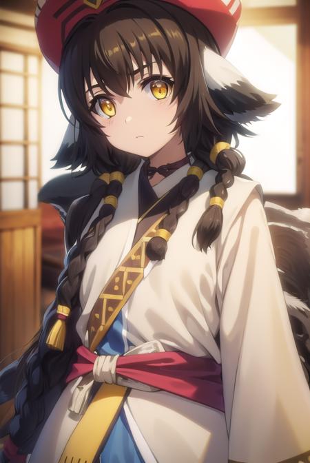 anju, long hair, brown hair, black hair, animal ears, hair between eyes, (yellow eyes:1.5), braid, twin braids, hat, robe, long sleeves, 