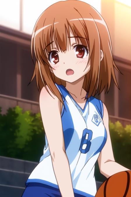 masterpiece, best quality, absurdres, cute, extremely detailed face, perfect lighting, <lora:ro-kyu-bu_v7-000018:0.6>, 
kashii airi, 1girl, solo, blush, short hair, open mouth, medium breasts, basketball uniform, short shorts, outdoors