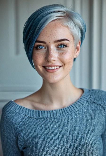 beautiful lady, freckles on face, cute smile, blue eyes, blue short hair, dark makeup, hyperdetailed photography, soft light, full body photo, 3rd breast size, tight jeans
