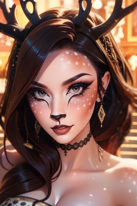 masterpiece, best quality, high quality, woman, faunmakeup, makeup, white spots, antlers, animal ears, dark upper lip,   <lora:detail_slider_v4:2> <lora:age_slider_v2:3> <lora:faunmakeup:1>