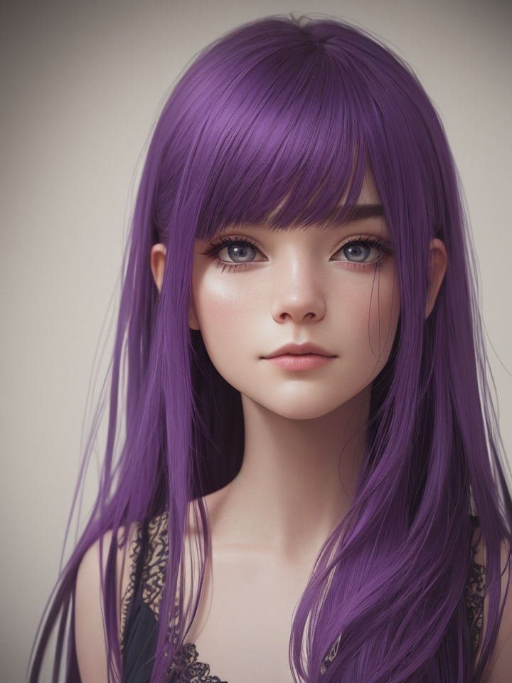 realistic, intricate details, portrait of a girl, purple hair, the fallen, depressed, dark series,Close-up photo,1girl,