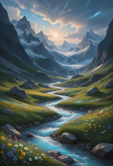 surreal landscape:1.2
Alpine meadow with wildflowers and glacial streams,
,
Graupel shower polishing rocks,
Cavum holes in supercooled layers,
Urban light pollution washing stars,
Ice breakup on arctic rivers,
Yardang wind-sculpted ridges,
,
,
,
Yoshihiro Tatsumi 
(masterpiece:1.4), (intricate details:1.4), (hyperrealistic:1.3),(painting:0.9),(ultra detailed:1.4), (8k resolution:1.3), (sharp focus), (dramatic perspective:1.1), (chromatic aberration:0.3), (film grain:0.2),
<lora:JuggerCineXL2:0.3>,
<lora:add-detail-xl:0.3>,
<lora:WildcardX-XL-Detail-Enhancer:0.4>,
<lora:xl_more_art-full_v1:0.7>,
<lora:ClassipeintXL2.1:0.3>,
<lora:Flux-XL_Scenery:0.3> flux-scenery ,
<lora:EnvyDramaticLightingXL01:0.7>
detailxl,