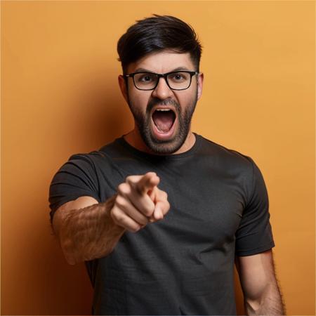 1boy, shirt, male focus, facial hair, solo, beard, glasses, black shirt, open mouth, pointing, upper body, looking at viewer, arm hair, t-shirt, meme, white hair, pointing at viewer, short sleeves, realistic<lora:Accuse:0.8>