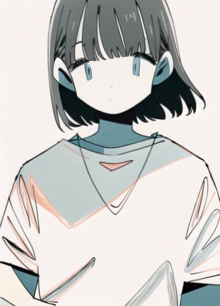 1girl, solo, looking at viewer, short hair, bangs, blue eyes, simple background, shirt, white background, closed mouth, monochrome, upper body, short sleeves, blunt bangs, expressionless, bob cut, blue shirt, spot color, no nose, limited palette, halftonenipples,nude,ass<lora:soyatuminimalist-08:1>