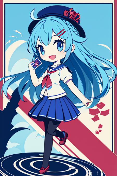 <lora:cobalta:1>1girl, blue hair, chibi, solo, hat, long hair, ahoge, holding, hair ornament, open mouth, smile, braid, pantyhose, skirt, hairclip, blue eyes, card, school uniform, twin braids