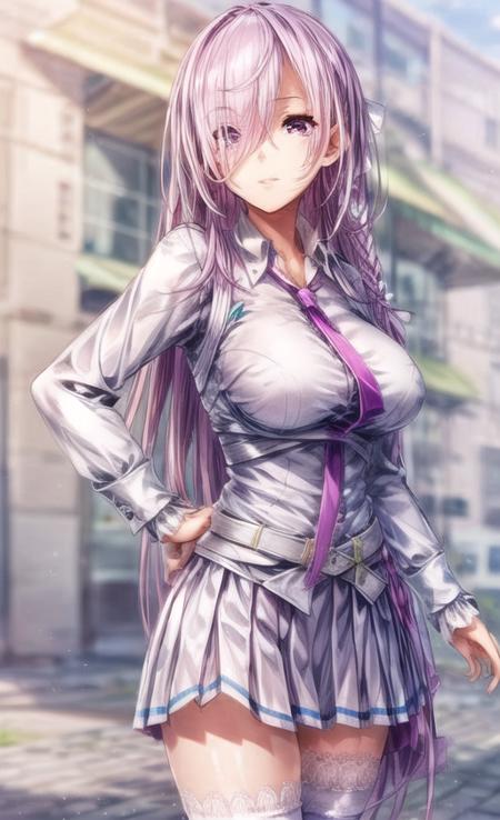 1girl, solo, thighhighs, long hair, skirt, necktie, very long hair, full body, hand on hip, breasts,  purple eyes, pleated skirt, shirt, standing, braid,  white thighhighs, large breasts, purple necktie, armband, shoes, looking at viewer, white skirt, purple hair, belt, zettai ryouiki, long sleeves, hair over one eye, white shirt, bangs, lace-trimmed legwear, ribbon, closed mouth, collared shirt, lace, miniskirt, eyes visible through hair, hair ribbon, lace trim, school uniform, purple ribbon,ruins, <lora:add_detail:2>