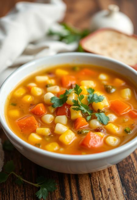 realistic soup, corn, veggies, appetizing, delicious,