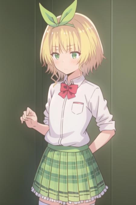 masterpiece, best quality, 1girl, solo, koga yuika, blonde hair, short hair, green eyes, red bowtie, green hair ribbon, white thighhighs, long collared shirt, green skirt, plaid skirt, pleated skirt, <lora:koga yuika-000014:0.8>