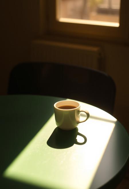 A small espresso cup sits on a green table bathed in warm natural light, casting a long, soft shadow with delicate light refractions. The atmosphere is artistic and serene, the composition is minimalist, the aesthetics are vintage, and the lighting is cinematic with golden hour tones, and the texture and mood are ultra-realistic.