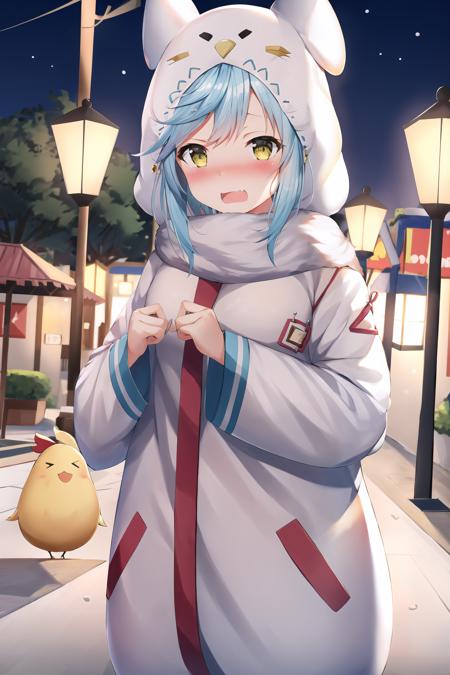 ((beautiful, masterpiece)), best quality, extremely detailed face, perfect lighting, 4k, 1girl, solo, fubukiAL, blush, embarrassed, open mouth, @_@, fubuki_\(azur_lane\), fang, white scarf, animal costume, chicken, <lora:FubuLoraV1:0.9>, cowboy shot