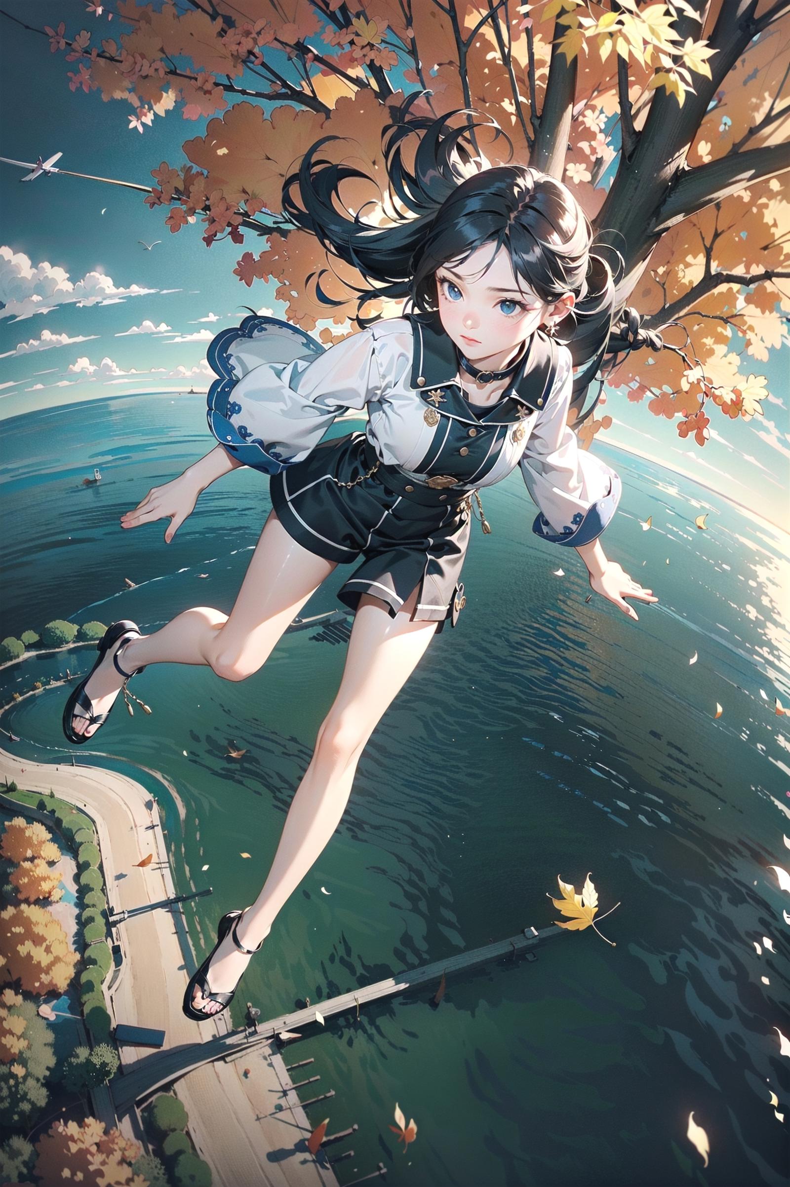 Anime Art of a Girl Flying in the Air with a Tree in the Background