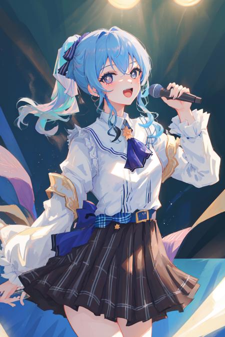 2d, masterpiece, best quality, anime, perfect lighting, highly detailed eyes, highly detailed face, highly detailed background, good hands, (cowboy shot), full body, 1 girl, standing, (hoshimachi suisei:1.2), hololive, virtual youtuber, blue hair, medium hair, side ponytail, bangs, blue ribbon, plaid, plaid dress, star brooch, blue belt, asymmetrical legwear, concert, stage, blue lights, idol, singing, happy, microphone, holding microphone, (star-shaped pupils), looking at viewer, sleeves, <lora:hll1:1>