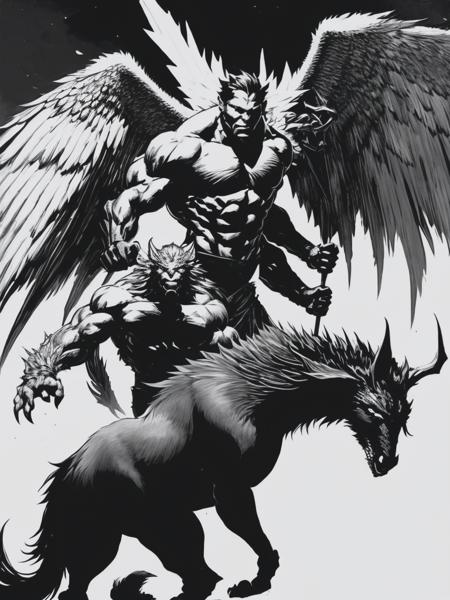 <lyco:MarcSilvestri:1.0> black and white art on a comic character and two angels, in the style of intense lighting and shadow, david finch, heavy use of palette knives, mythical beasts, heroic masculinity, rough-edged 2d animation, rashad alakbarov