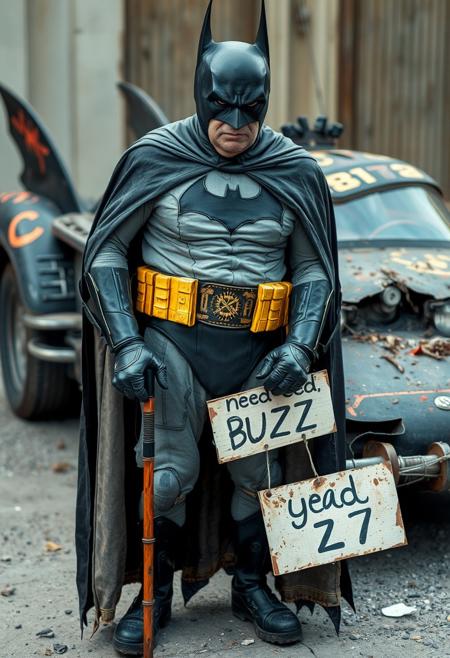 Closeup of old 77 year old Batman in worn out batman bodysuit and ripped worn cape standing using cane in front of his rusted and worn Batmobile holding sign "need BUZZ"