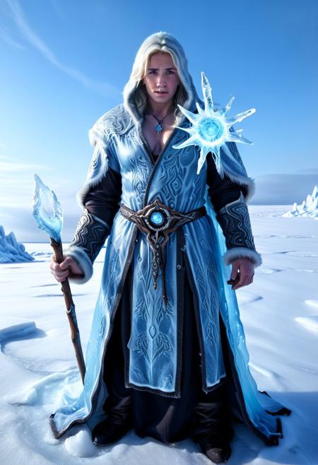 score_9, score_8_up, score_7_up, score_6_up, score_5_up, score_4_up, (absurdres, best quality, masterpiece:1.4), illustration, photorealistic, cinematic lighting, dynamic angle, perfect composition, ice, ice elemental, glowing blue aura, frozen staff, icy hands, snow swirling, frost-covered robe, chilling expression, frozen tundra, magic circle, cold power