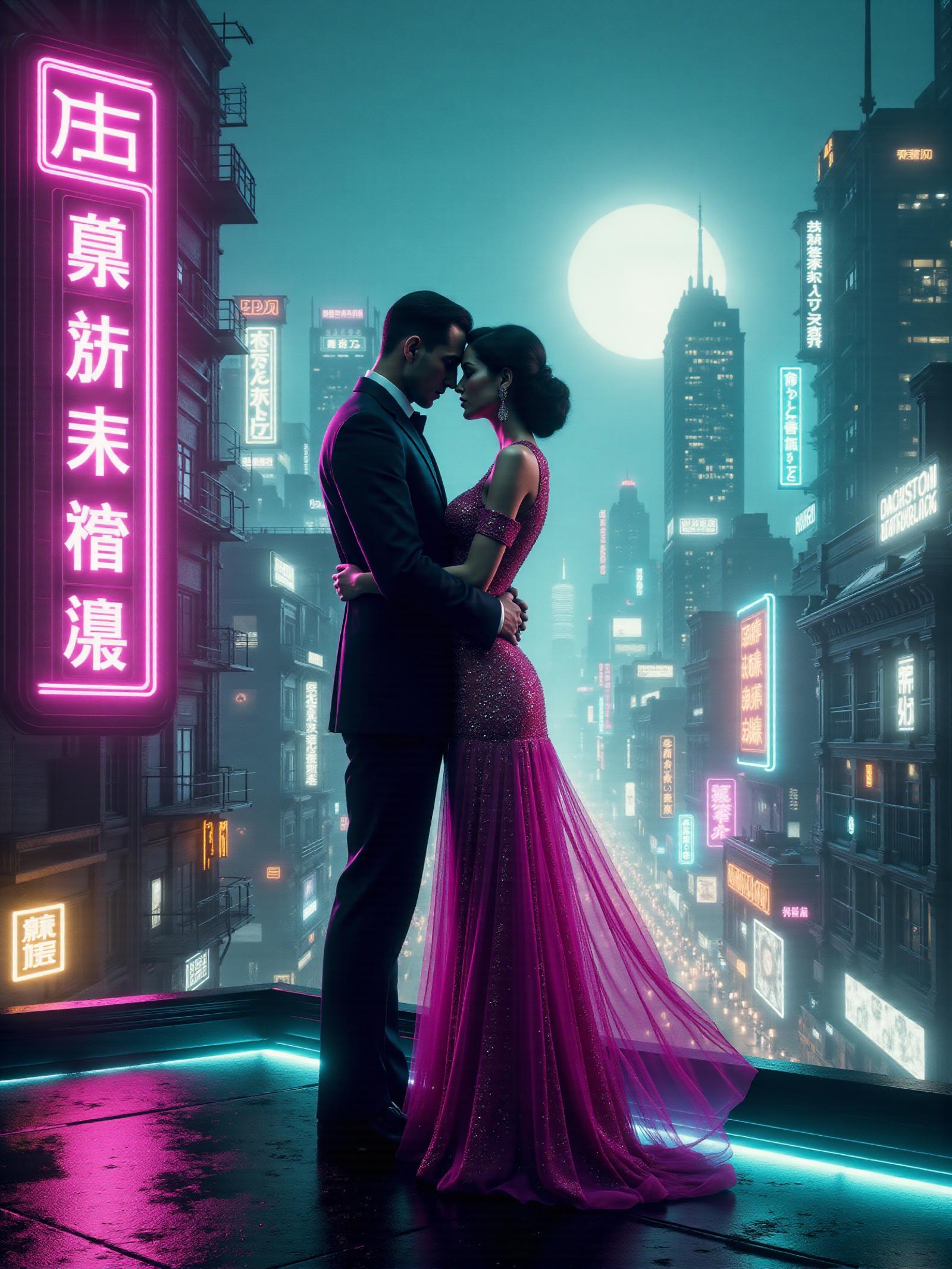 woman in long dress and man in suit embracing on the roof top of a futuristic city, (cybernetic implants , hologram, neon signs, cyberpunk:1.2), 1940s, magenta and teal hue, mad-neon-noir <lora:Neon_Noir_FLUX:0.7>