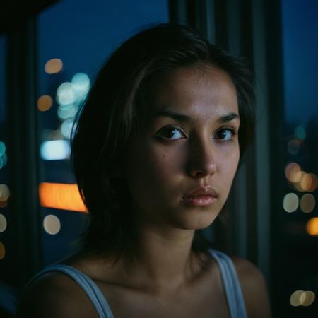 candid close-up photo of M02AWA, no makeup, looking outside the window, at night, blurred city lights, dark room, pensive expression, Shot on Kodachrome film