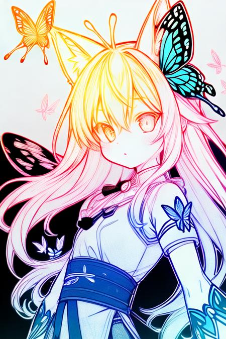 (((outline,limited palette))),black background, 1girl,cat_ears, (puffy furry long fox tail),upper body, pink_hair,long_hair,(Butterfly wing:1.3),[messy hair:0.5],blunt_bangs,hair_between_eyes, blue eyes,tsurime,(half-closed_eyes),cute round face, white flowers hair_ornament,tassels,hairpins, Pale [cheongsam:lace:0.8],small breasts, breeze, Flying splashes, Flying petals, moon,snowflake,  <lora:rainLine:1>