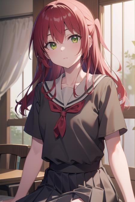 kitaikuyo, <lora:ikuyokitatest:1>, ikuyo kita, (green eyes:1.5), hair between eyes, long hair, one side up, red hair, (flat chest:1.2),
BREAK black footwear, black skirt, grey sailor collar, pleated skirt, sailor collar, school uniform, shoes, short sleeves, shuka high school uniform, skirt,,
BREAK looking at viewer,
BREAK indoors, classroom,
BREAK <lora:GoodHands-vanilla:1>, (masterpiece:1.2), best quality, high resolution, unity 8k wallpaper, (illustration:0.8), (beautiful detailed eyes:1.6), extremely detailed face, perfect lighting, extremely detailed CG, (perfect hands, perfect anatomy),