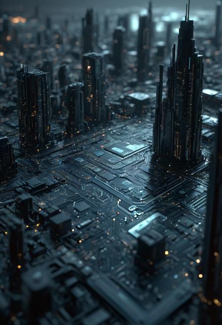 futuristic scifi theme, Realistic photograph, a whole city is a circuitboard, dark futuristic, extremely detailed, dynamic, great lighting, perfect shading , atmospheric, best quality, sharp focus, high contrast, stylized, clear, surreal, ultra quality, 8k, best quality, masterpiece, detailxl