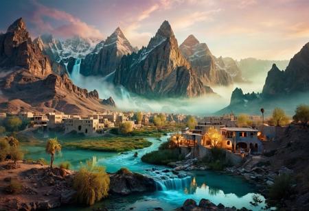 (by Ellen Jewett:1.5), (Bioluminescent Impressionism, Egyptian landscape, The Dreamland,, their peaks veiled in mist. mixed media, surrealism, great lighting, A surreal landscape highly detailed . extremely high-resolution details,  appears trapped in an optical illusion of reflections and refractions colorful , mountains and village in Turkey, professional photography, natural lighting, volumetric lighting maximalist. intricately detailed, complex, elegant, expansive, fantastical, waterfall, ethereal landscapes, depth of field, biotech emotion:1.3) <lora:xl_more_art-full_v1:0.5> <lora:add-detail-xl:1> <lora:RMSDXL_Creative:2>